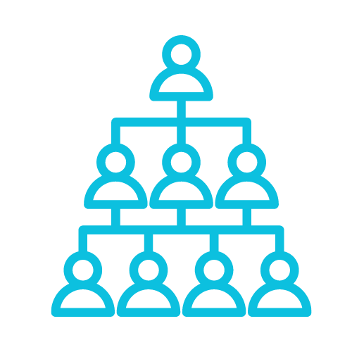 Blue organizational chart diagram with a single person at the top connected to three people, each of whom is connected to two more, forming a hierarchy.