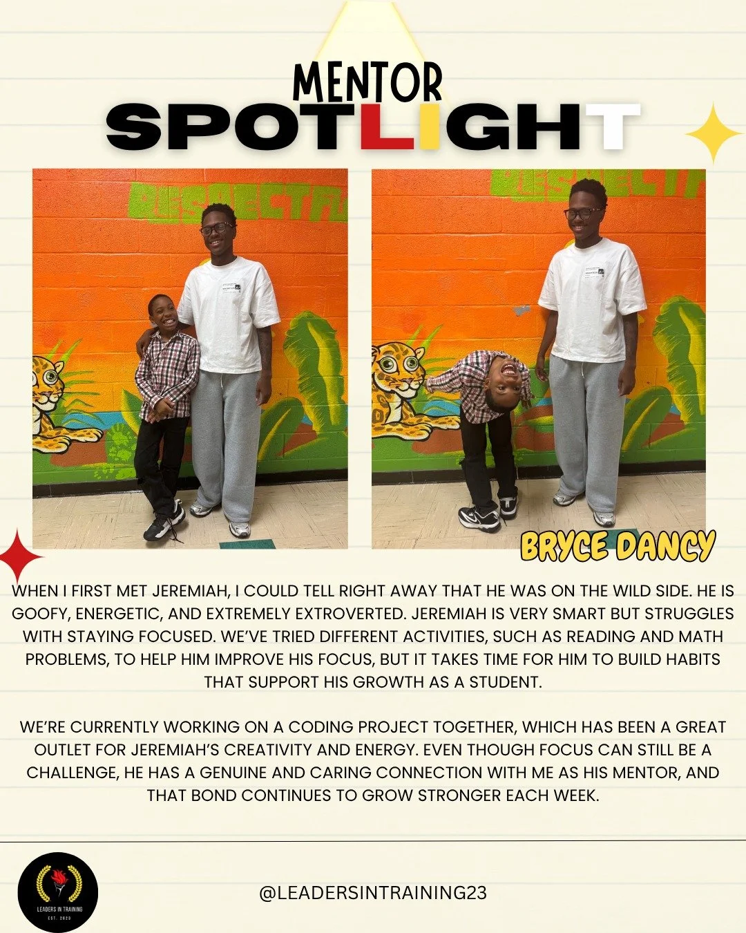 👏 Huge shoutout to Bryce for taking the time to connect with his mentee and supporting him both academically and socially! Bryce has created a healthy outlet for his mentee to express his energy and grow. 💪❤💛 #MentorshipMatters #youthempowerment #