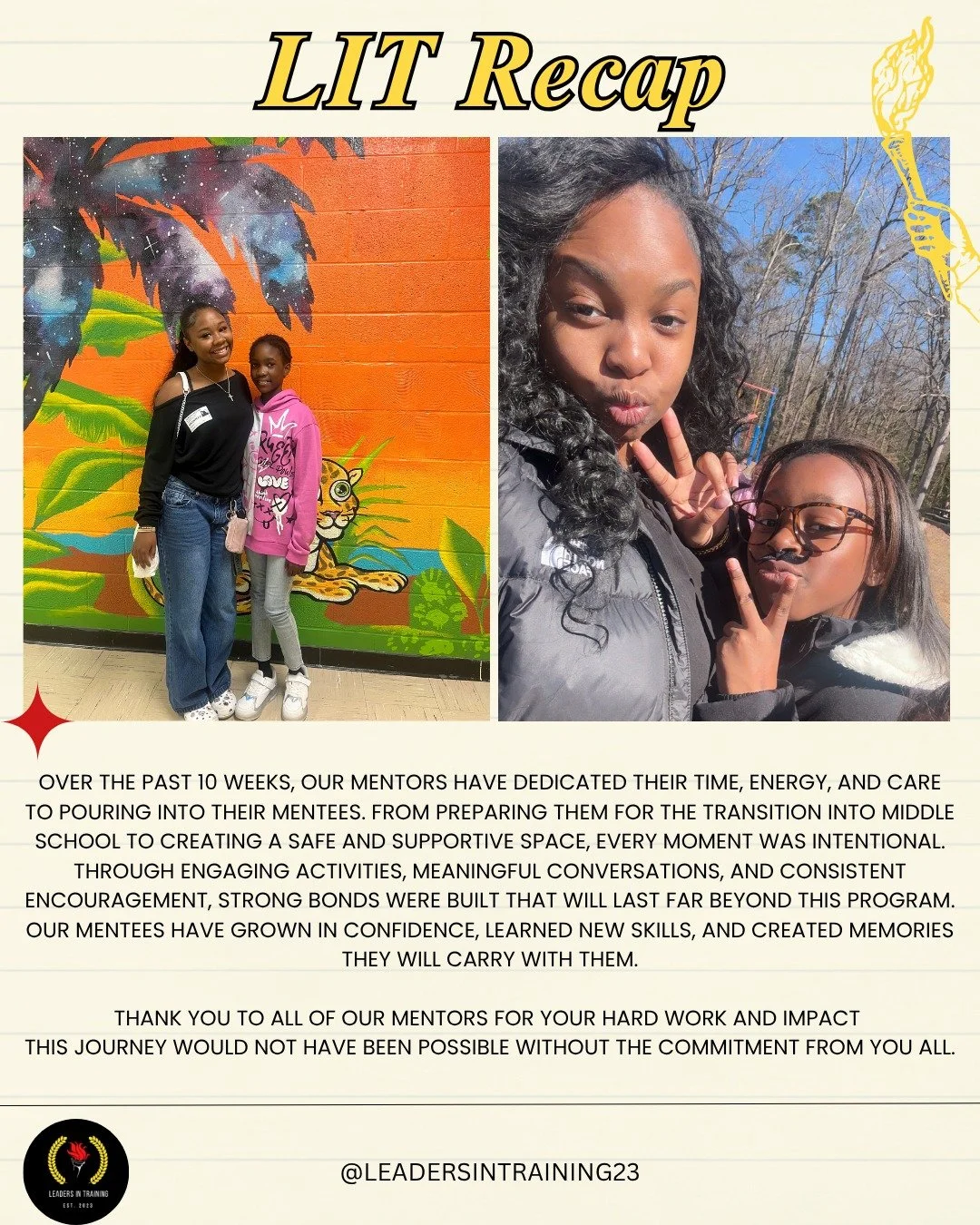 Last week, we wrapped up an incredible mentoring journey with our mentees 💫

Over the past 10 weeks, our mentors have poured into their mentees, whether it was preparing them for the transition to middle school or simply building meaningful connecti