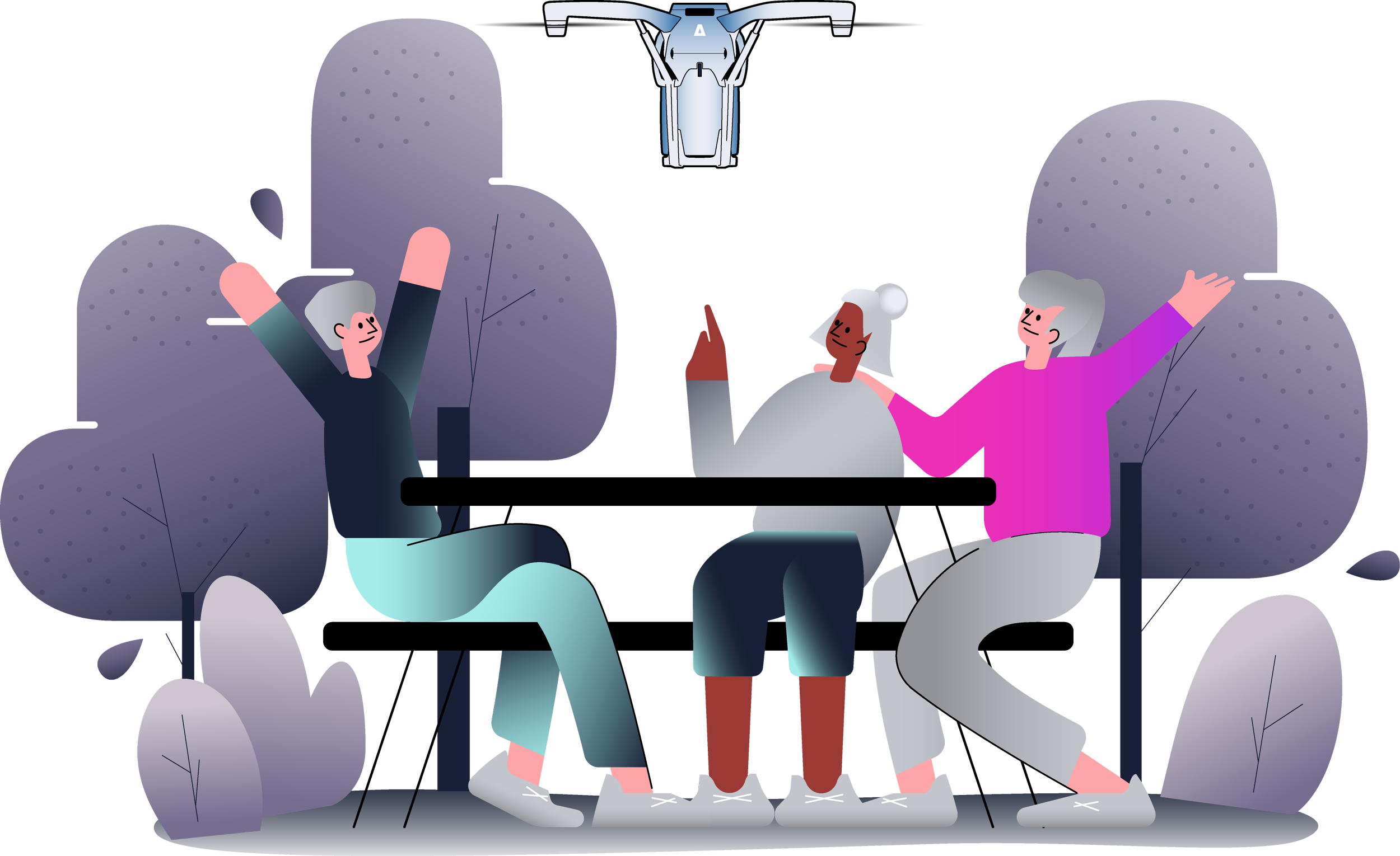 Three people celebrating a the arrival of the stratos beer MK1 drone. Drone is hovering before landing on the table to join the party.
