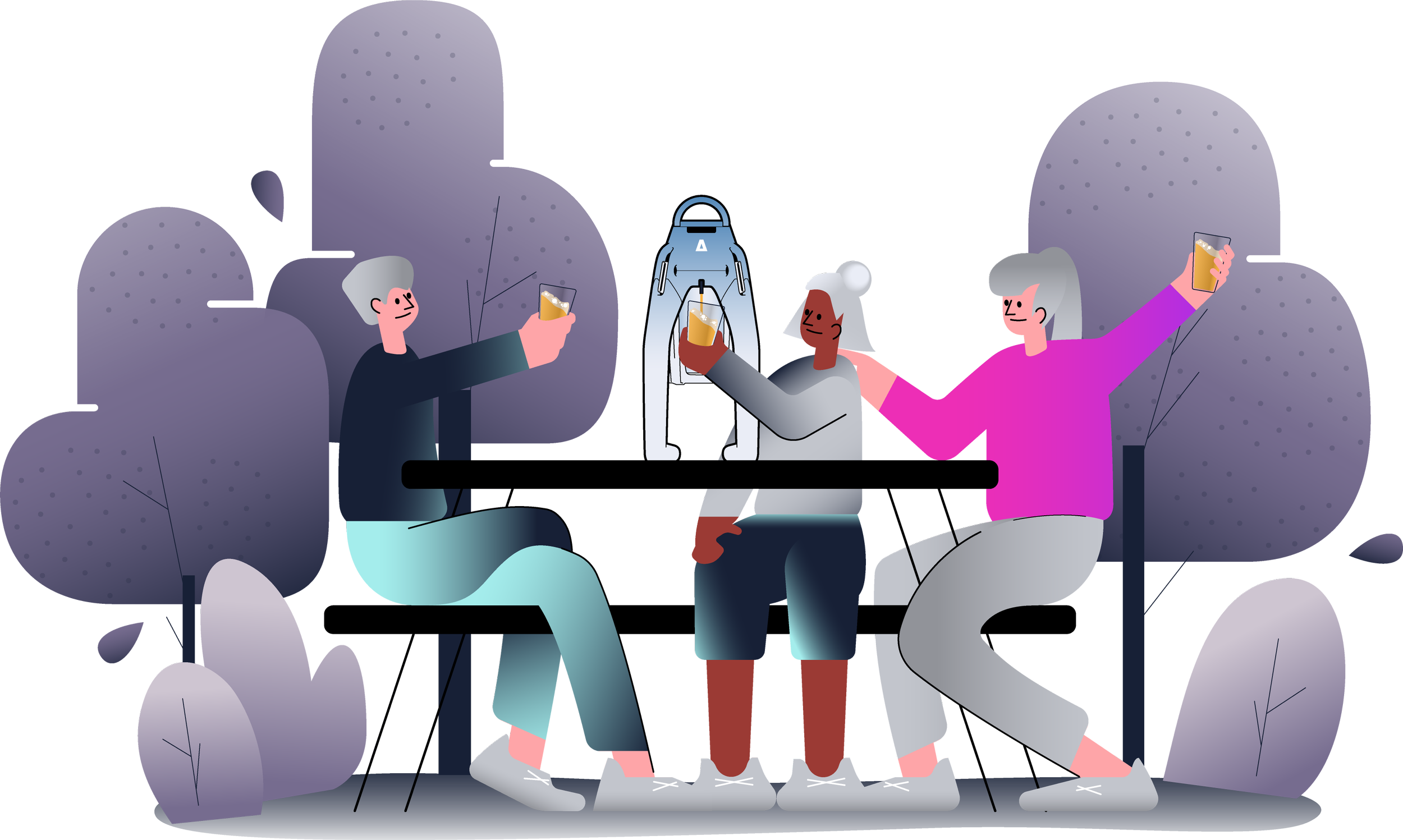 Three friends sitting at a table outdoors, toasting with drinks, with the Stratos Beer MK1 drone on the table with them. The background features trees and abstract shapes.