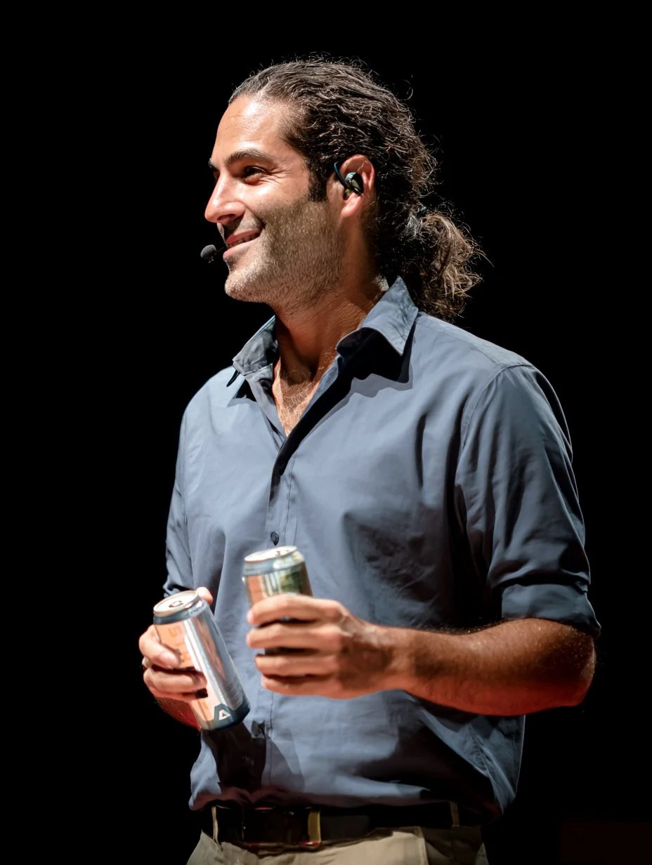 A man with long, curly hair and a beard, wearing a headset microphone, smiling while holding two cans of drink, standing against a black background. CEO tech bro type. Eccentric millionare.