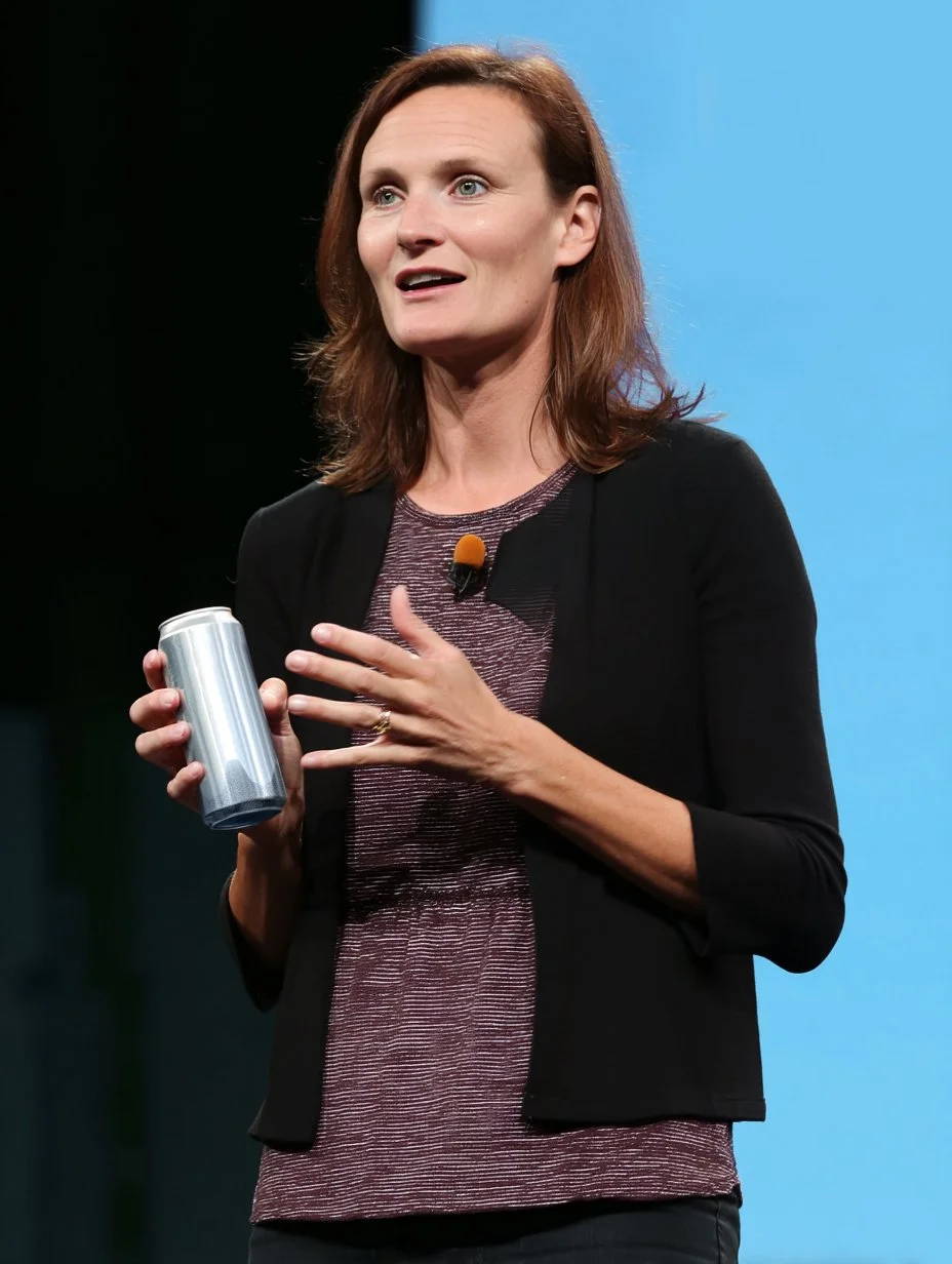 Woman with shoulder-length brown hair, wearing a black blazer and maroon top, holding a silver beverage can and gesturing with her other hand during a presentation or speech.