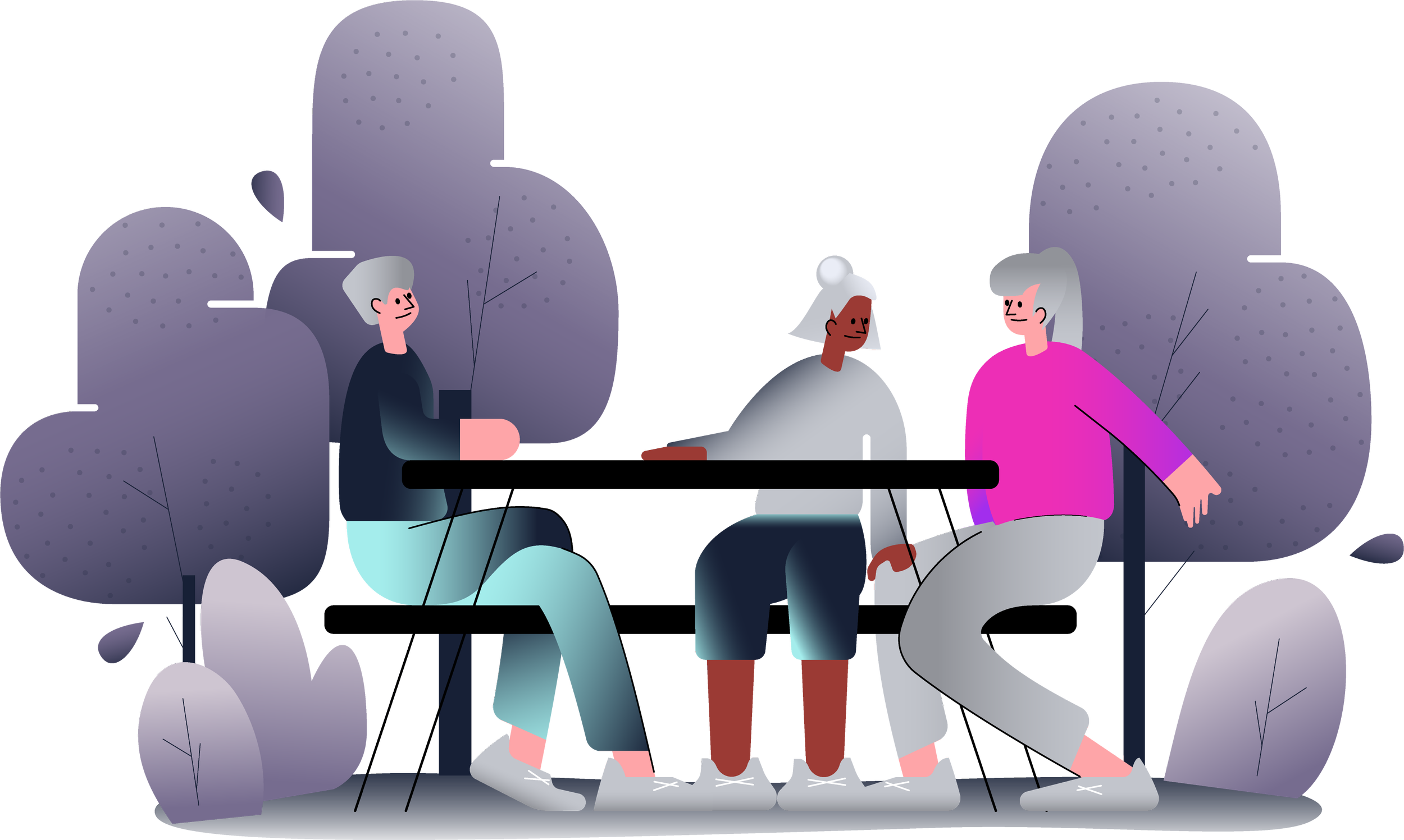 Three people sitting at a black outdoor table with drinks, in a shaded patio or garden area with rocks and plants. All they need now is a beer,