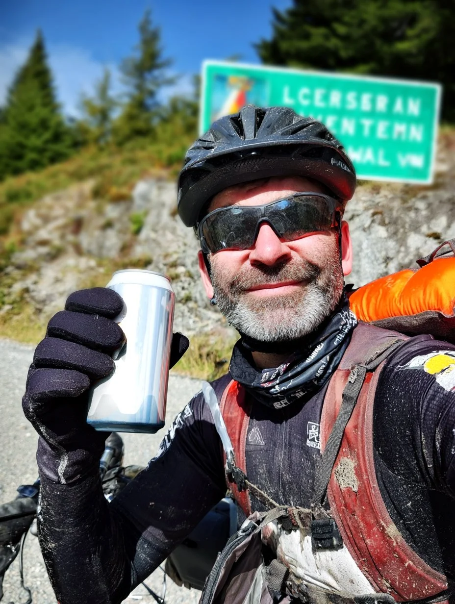 Man in biking gear holding a can of STRATOS BEER, smiling, with a green highway sign and trees in the background.