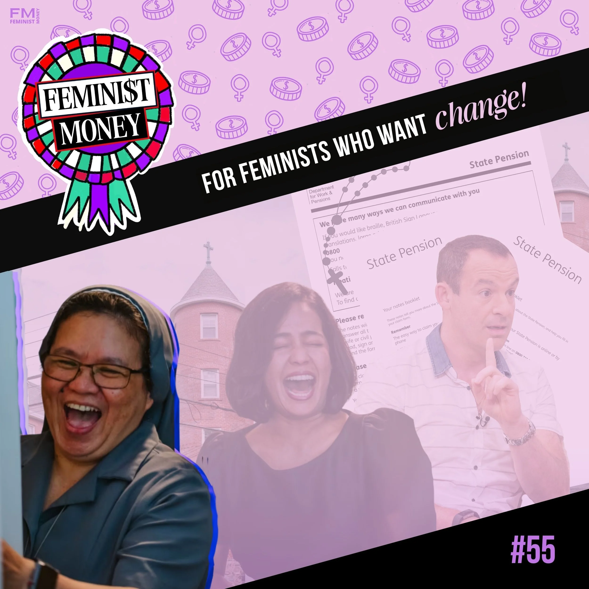 Feminist Money Episode 55 Artwork featuring Martin Lewis, pensions and nuns