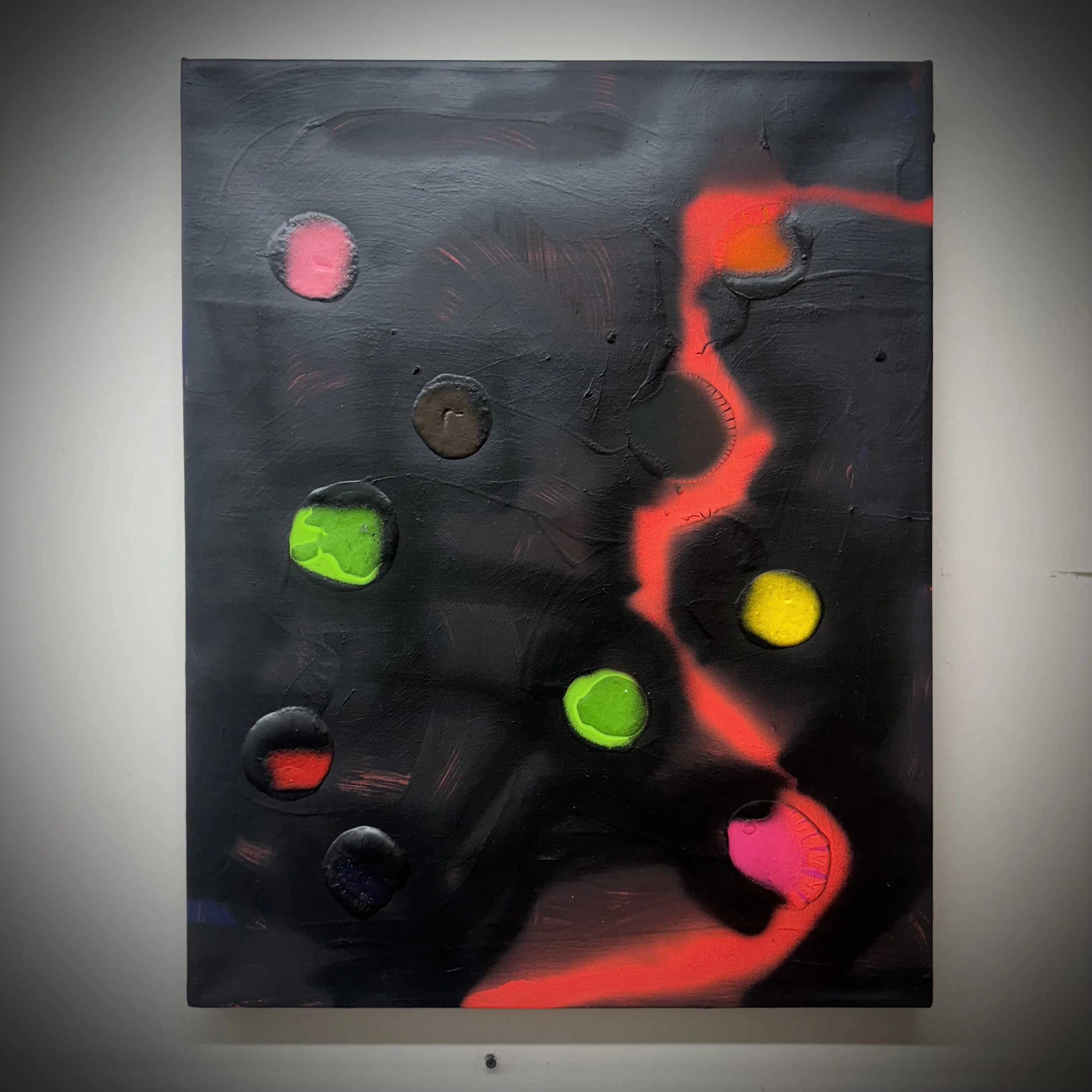 Battery pack and shit, 2025, Oil, acrylic, and spray paint on canvas, 34 x 26 inches