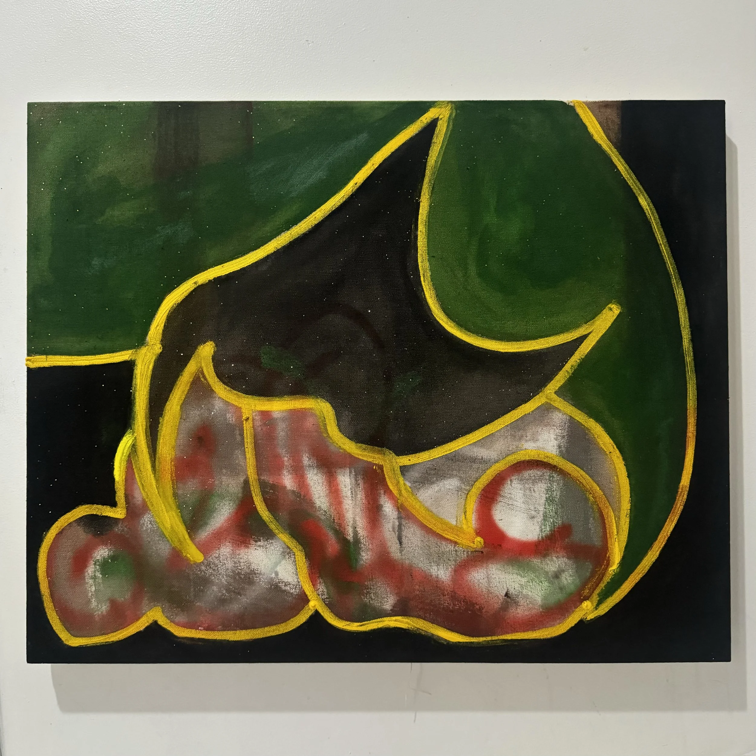 Shoebill, 2026, Oil, acrylic, spray paint, and glitter on canvas, 24 x 30 inches