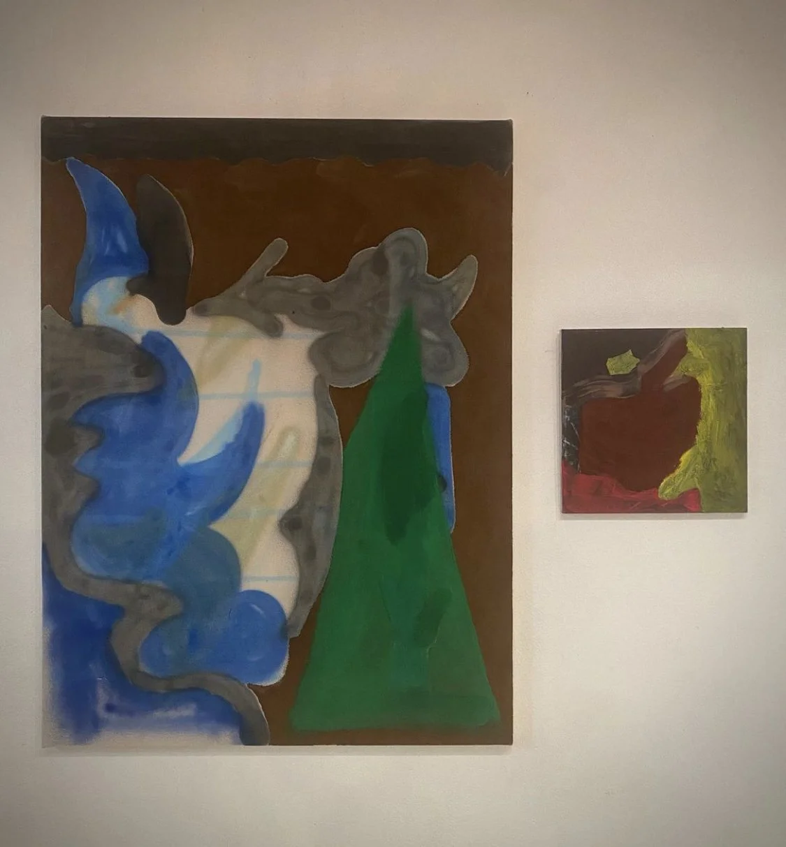 (Left) Untitled, 2024, Oil, acrylic, and spray paint on canvas, 36 x 24 inches (Right) Hitchhiker, 2024, Oil and acrylic on canvas, 14 x 14 inches