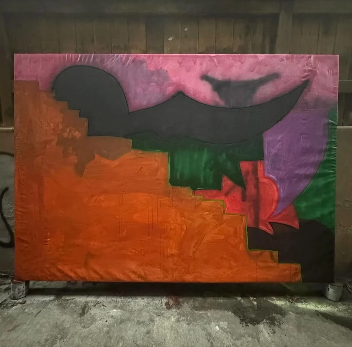 Chopping block, 2025, Oil, acrylic, and spray paint on canvas, 63.5 x 90 inches