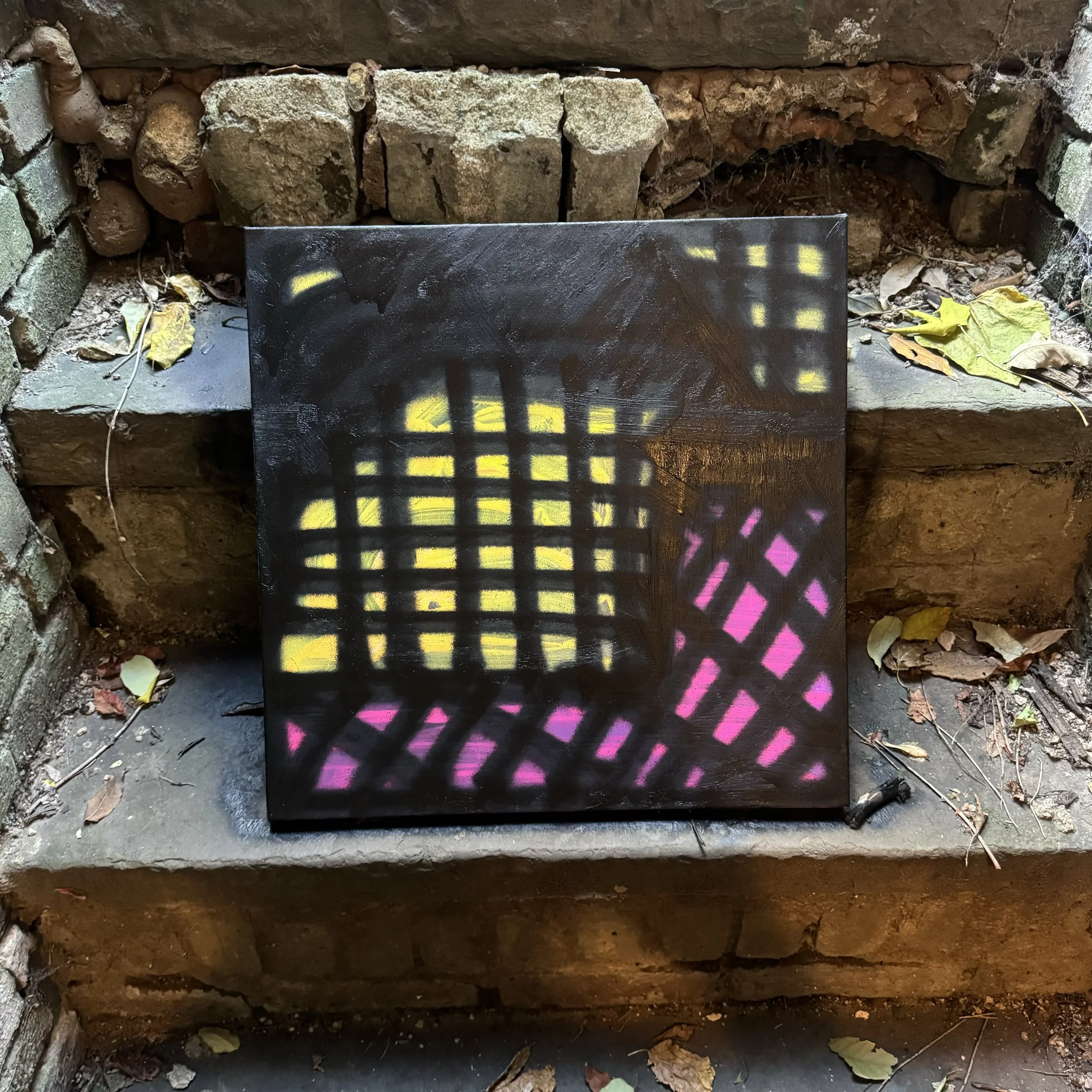 Broken elbow, 2025, Acrylic and spray paint on canvas, 18 x 18 inches