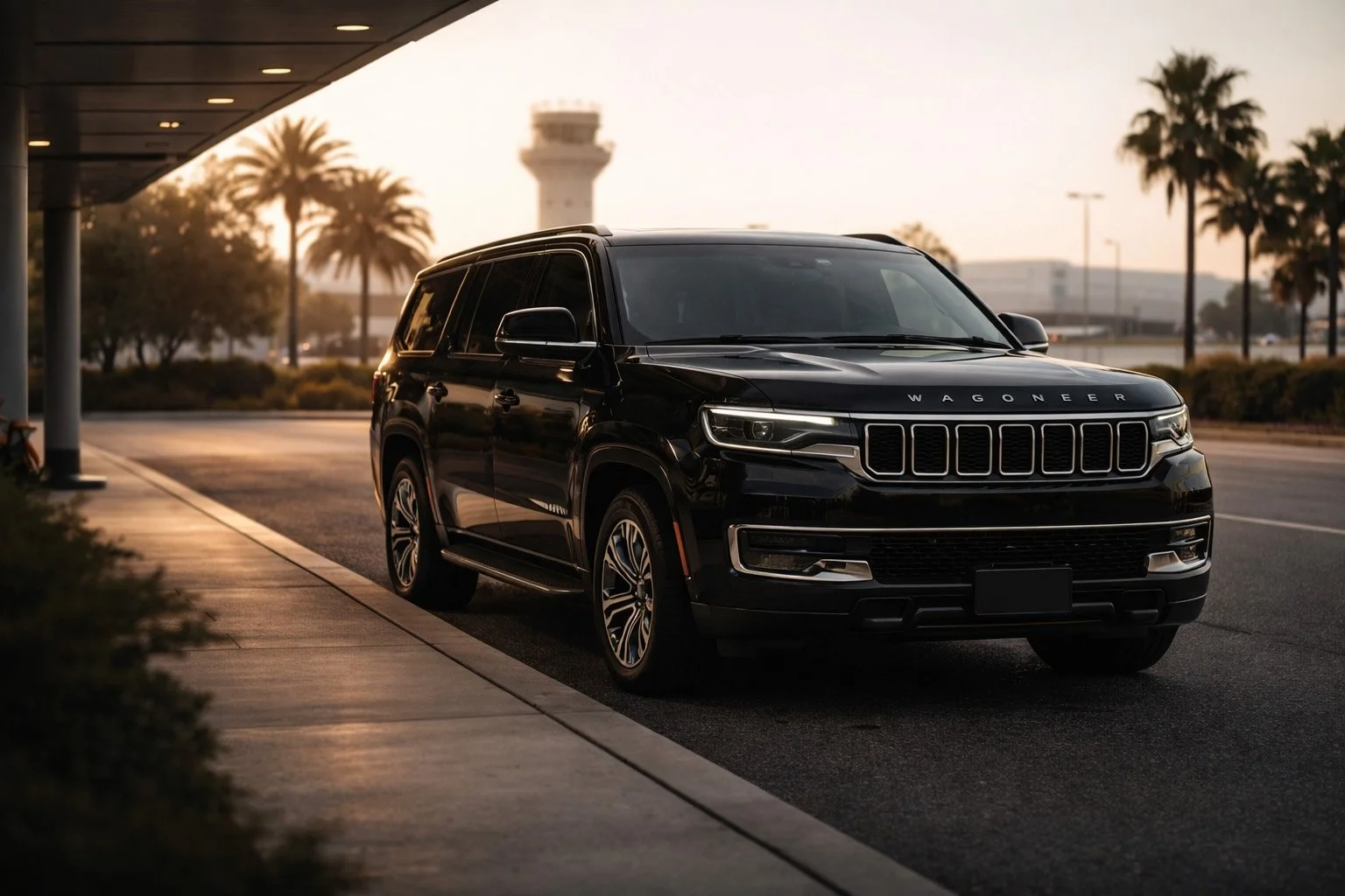 image of a black wagoneer parked curbside at airport