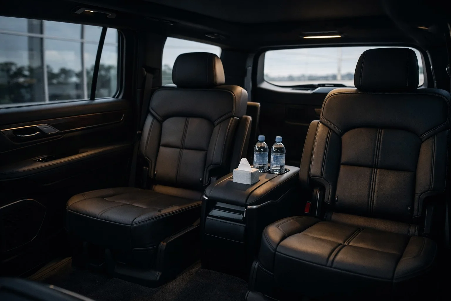 An interior photograph of the rear passenger cabin of a luxury SUV