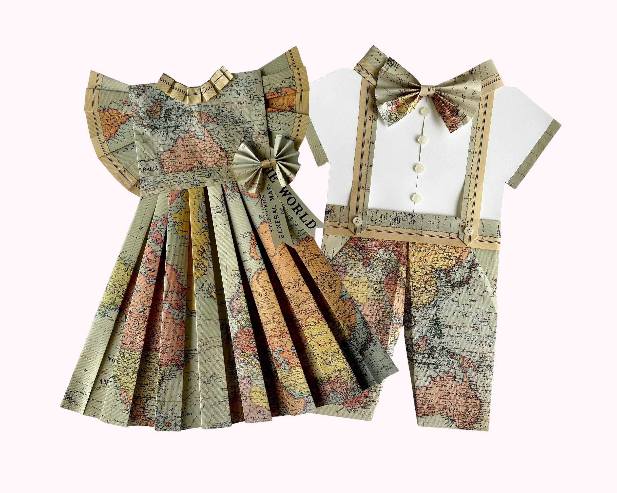 Paper Dress & Romper Artwork Set - World Map Boy/Girl Matching