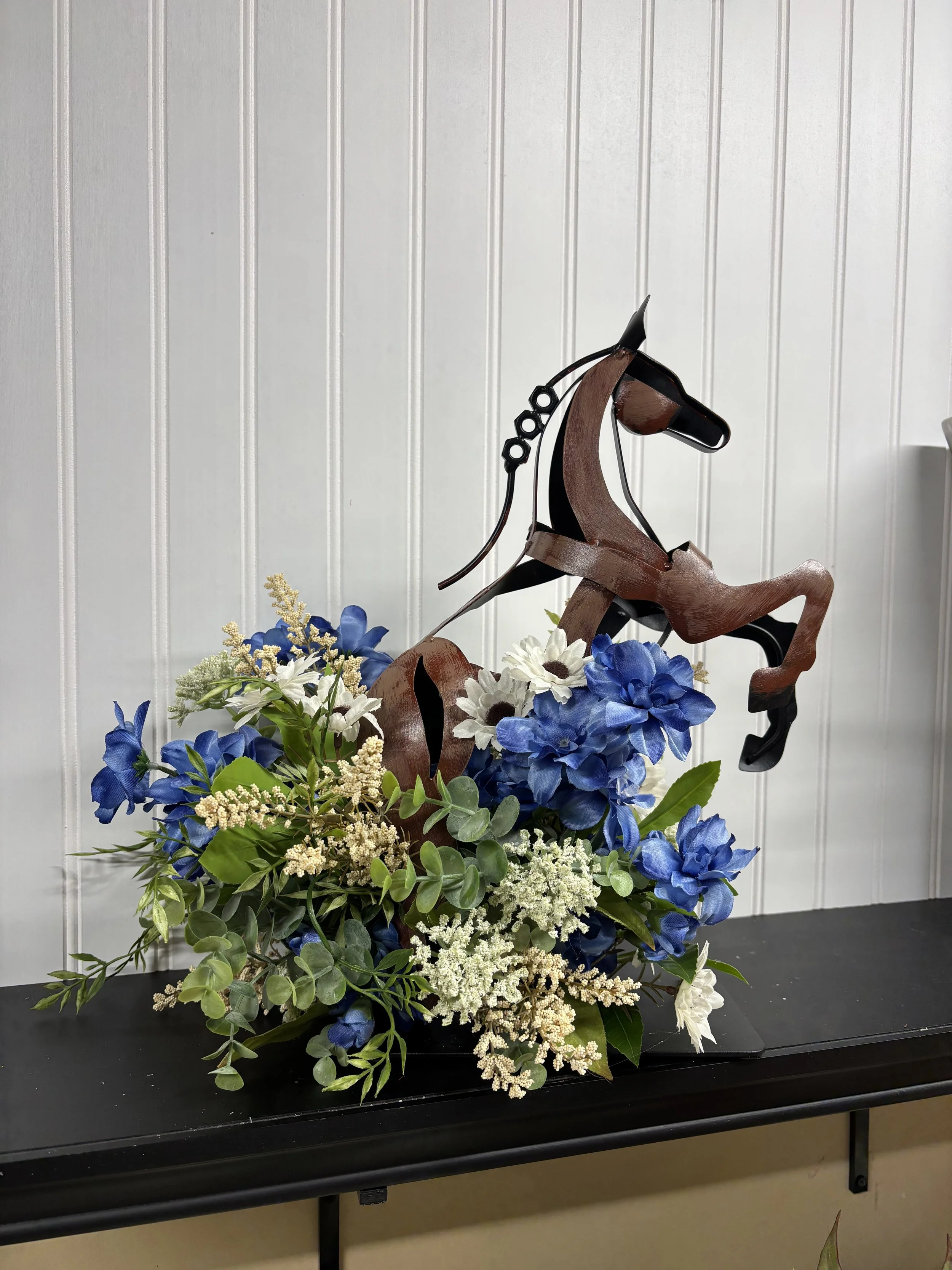 Metal Horse Statue + Floral Arrangement