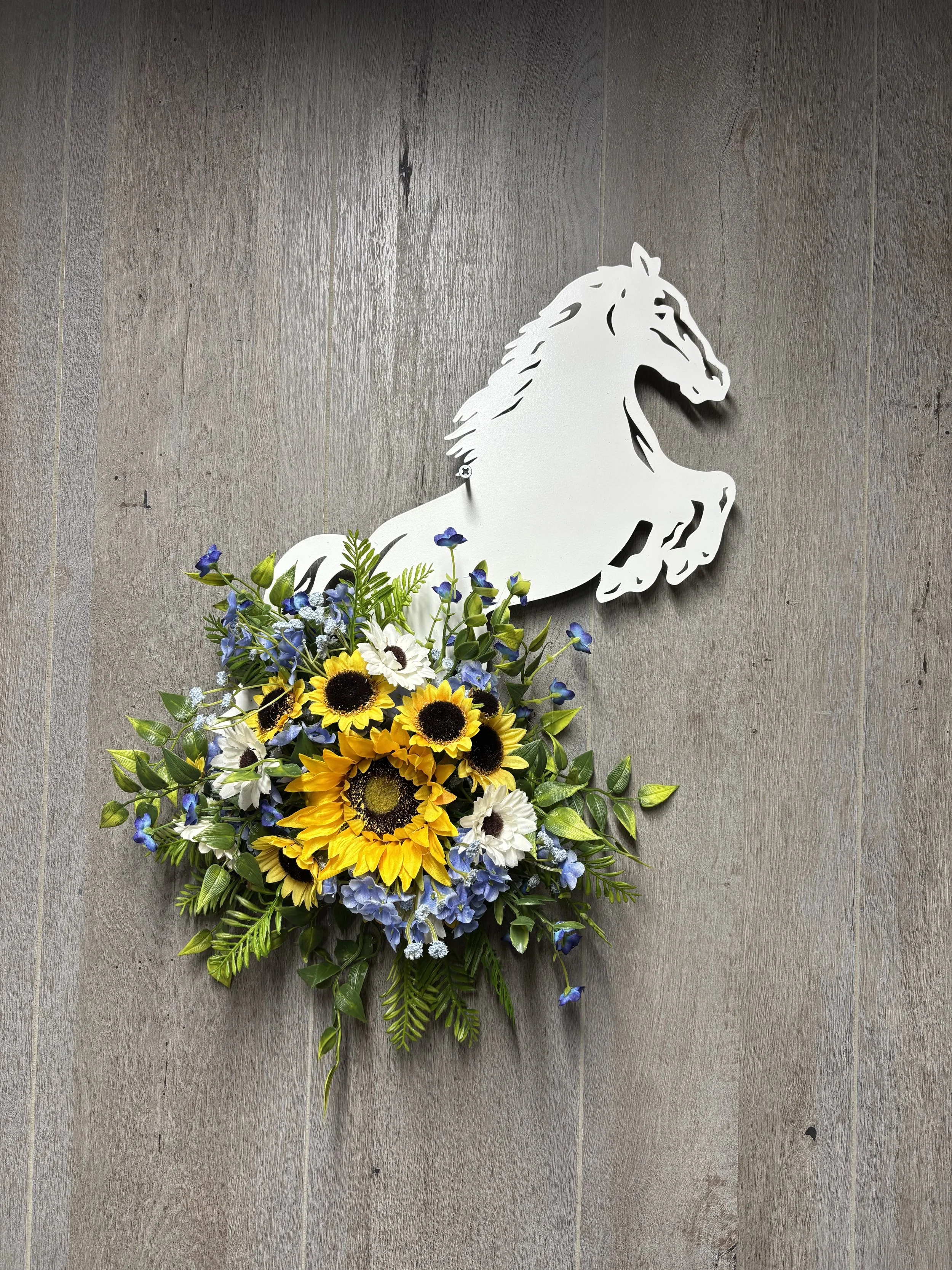 White Metal Horse Figure + Floral Arrangement (Sold Together or Separate)