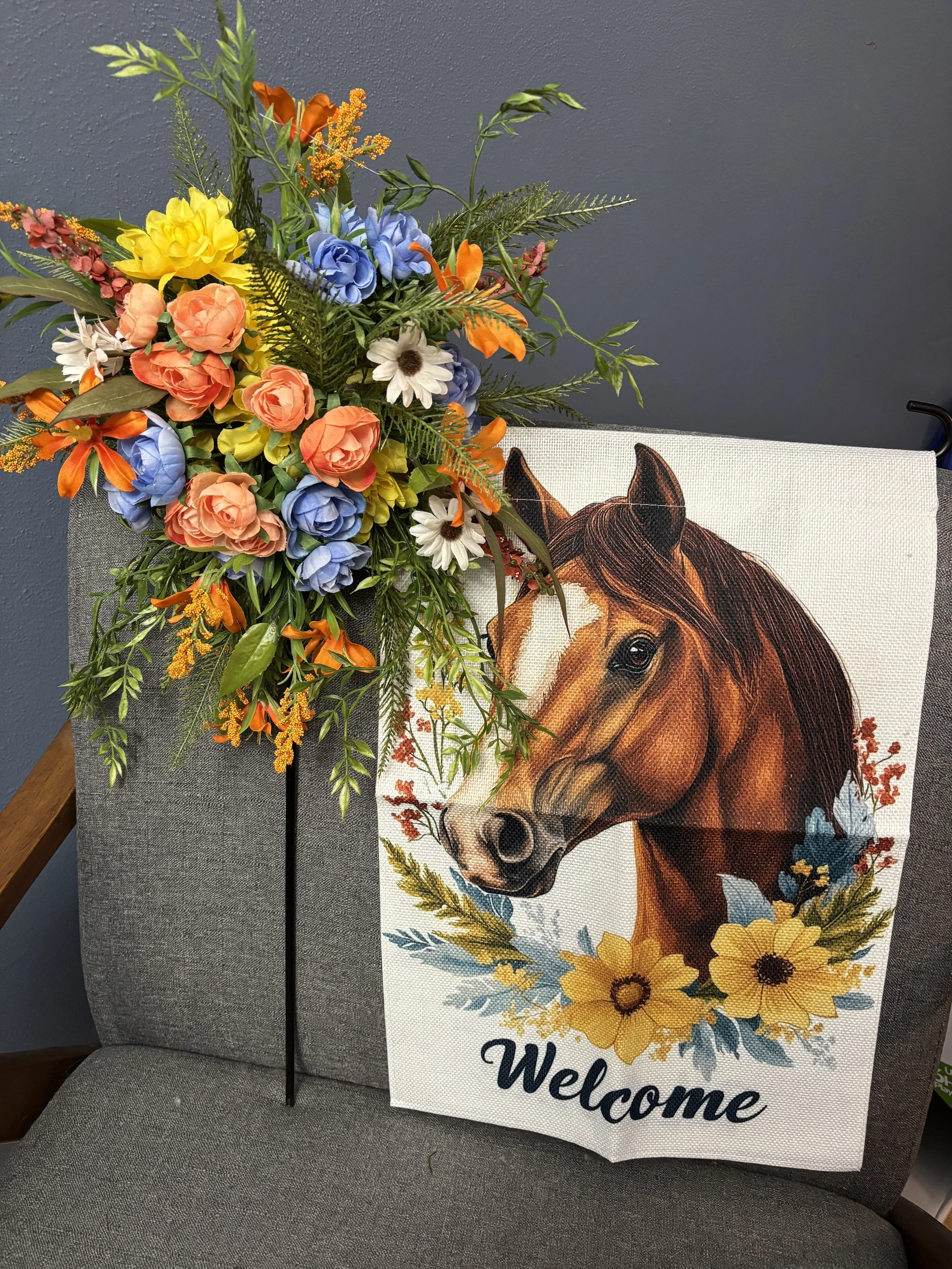 Porch Flag, stand, and Floral Arrangement.   Shipping extra, estimate $20 for shipping in the USA.