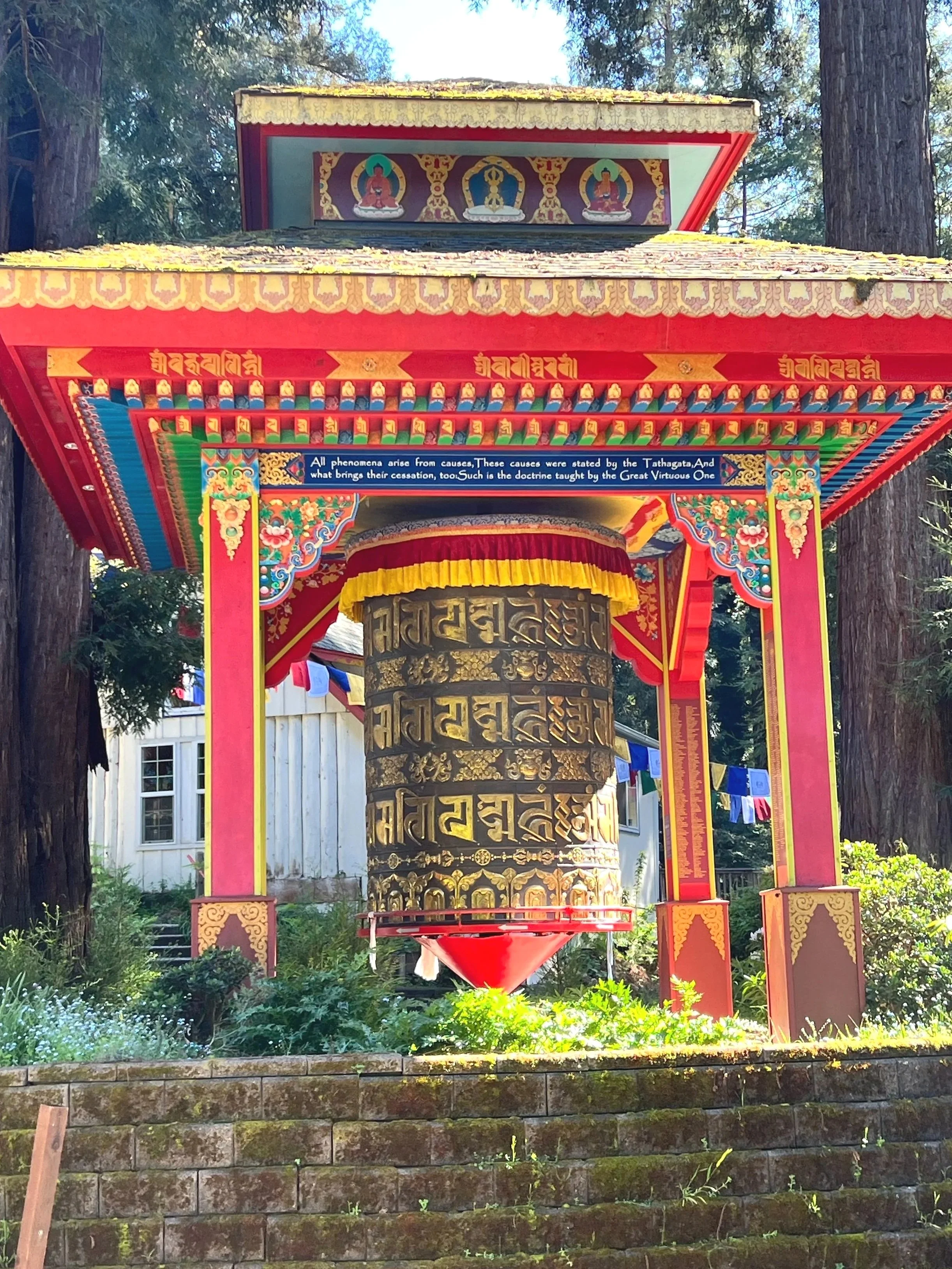 LMB Medicine Wheel has a Buddhist prayer wheel walk with and spin, to accumulate wisdom and merit, purify negative karma, and spread blessings chanting "Om Mani Padme Hum".