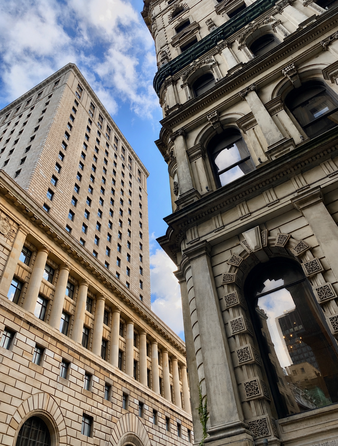 Low angle view of two historic and modern tall buildings against a partly cloudy sky.