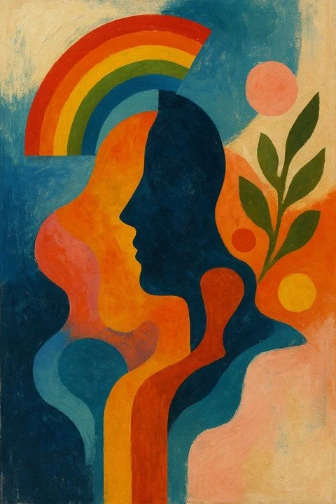 “Abstract rainbow-themed artwork representing LGBTQ+ identity exploration and emotional growth in therapy.”