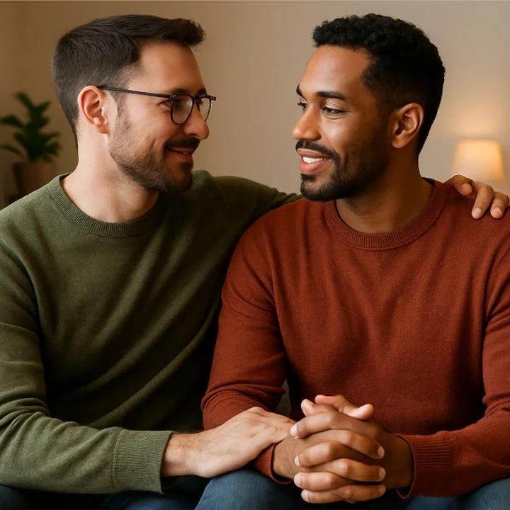 Gay couple sitting close together and sharing a supportive moment, representing affirming couples therapy in San Francisco.