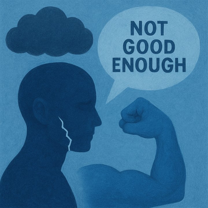 Illustration of a person facing self-criticism and negative thoughts, symbolizing the impact of ‘not good enough’ beliefs addressed in therapy.