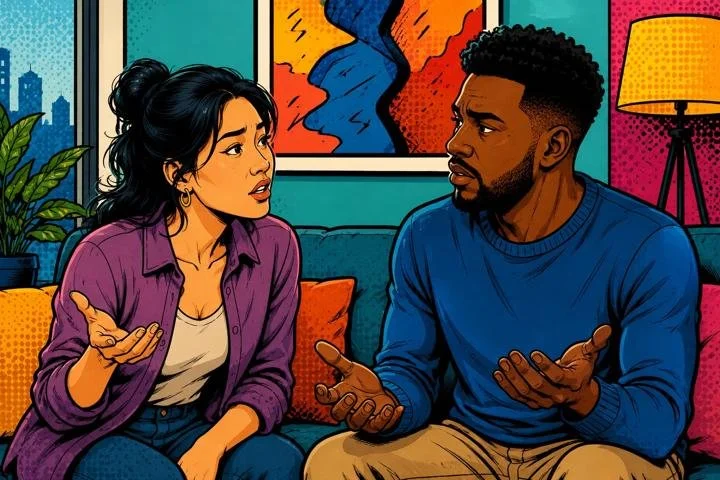 Comic-book style illustration of an interracial Asian and Black couple engaged in an emotional conversation, representing communication difficulties, emotional needs, misunderstanding, and relationship counseling in San Francisco.