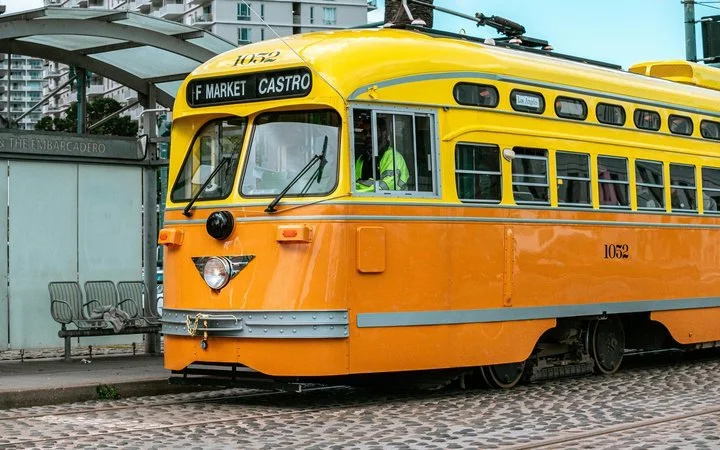 Historic F-Market streetcar heading toward the Castro in San Francisco, near Andrea Crapanzano PhD’s therapy office.