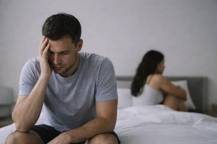 Man sitting on the edge of a bed appearing emotionally distant while partner sits turned away in the background, representing low sexual desire and relationship disconnection addressed in therapy for men in San Francisco.