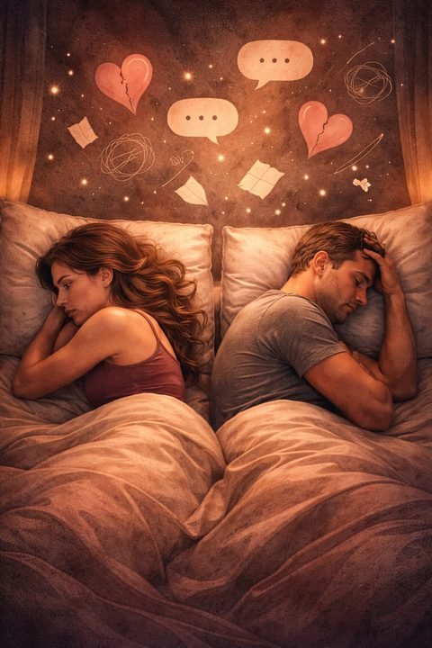 Couple lying in bed facing emotional distance, symbolizing sex, intimacy struggles, and difficult communication explored in psychodynamic psychotherapy.