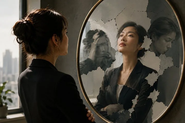 Professional standing before a fragmented mirror reflection symbolizing impostor syndrome, self-doubt, perfectionism, and hidden insecurity despite achievement.
