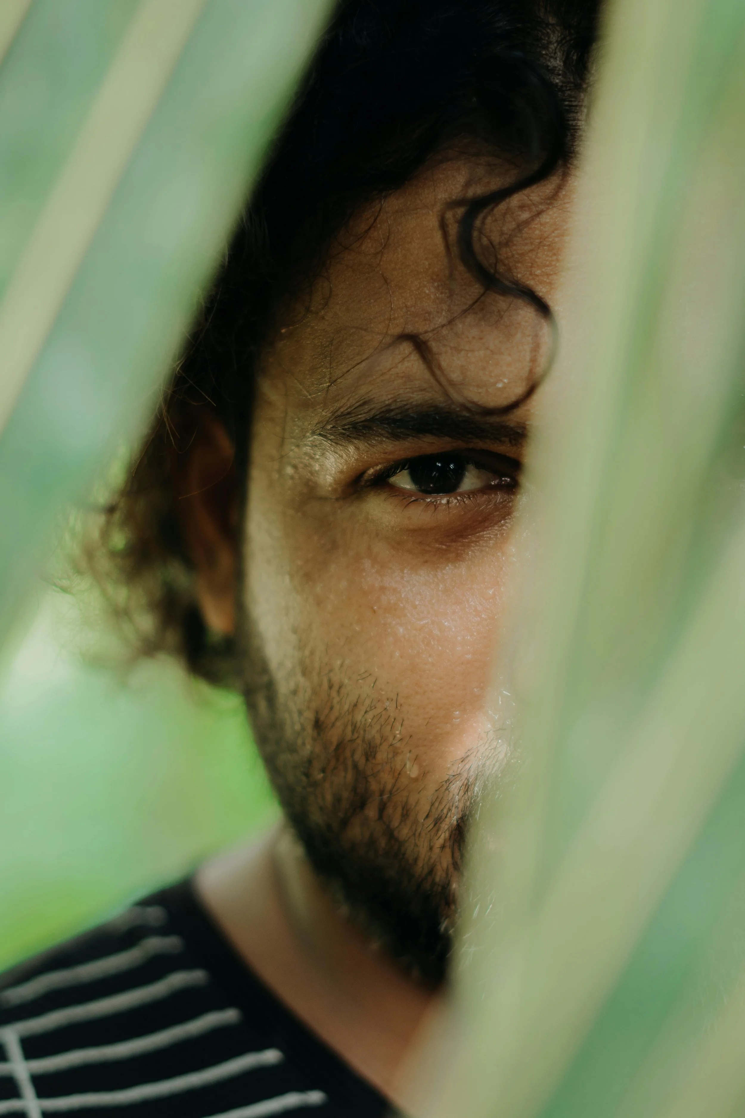 “Close-up of a man’s face partly hidden behind leaves, symbolizing shame, vulnerability, and men’s mental health in San Francisco (SF).”