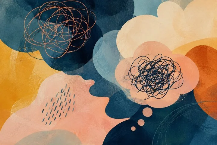 Colorful abstract artwork symbolizing overthinking, fear that others are upset with you, emotional uncertainty, and psychodynamic psychotherapy for anxiety and relationships.