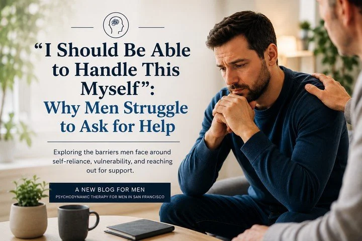 Man struggling to ask for help while receiving support, illustrating self-reliance, vulnerability, and therapy for men in San Francisco.