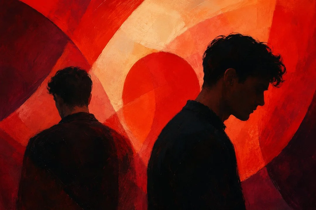 Abstract illustration of two men emotionally turning away from one another against a vivid red background, symbolizing recurring dating patterns, emotional distance, vulnerability, and intimacy in gay relationships.