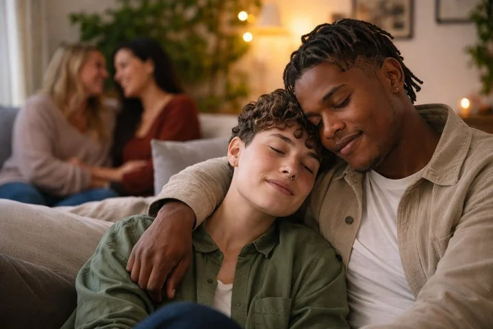 LGBTQ couple sitting together in a warm home environment showing emotional closeness and support, representing LGBTQ affirming therapy and relationship support in San Francisco.
