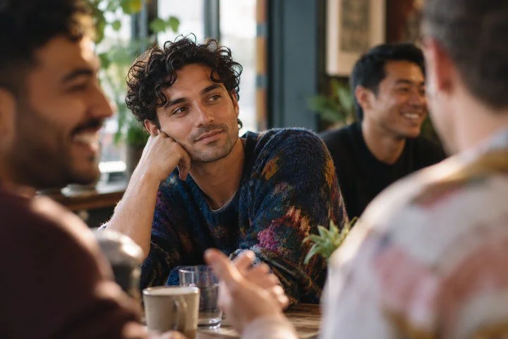 Person sitting with friends while appearing thoughtful and slightly withdrawn, reflecting the experience of being socially present while still feeling guarded or hidden