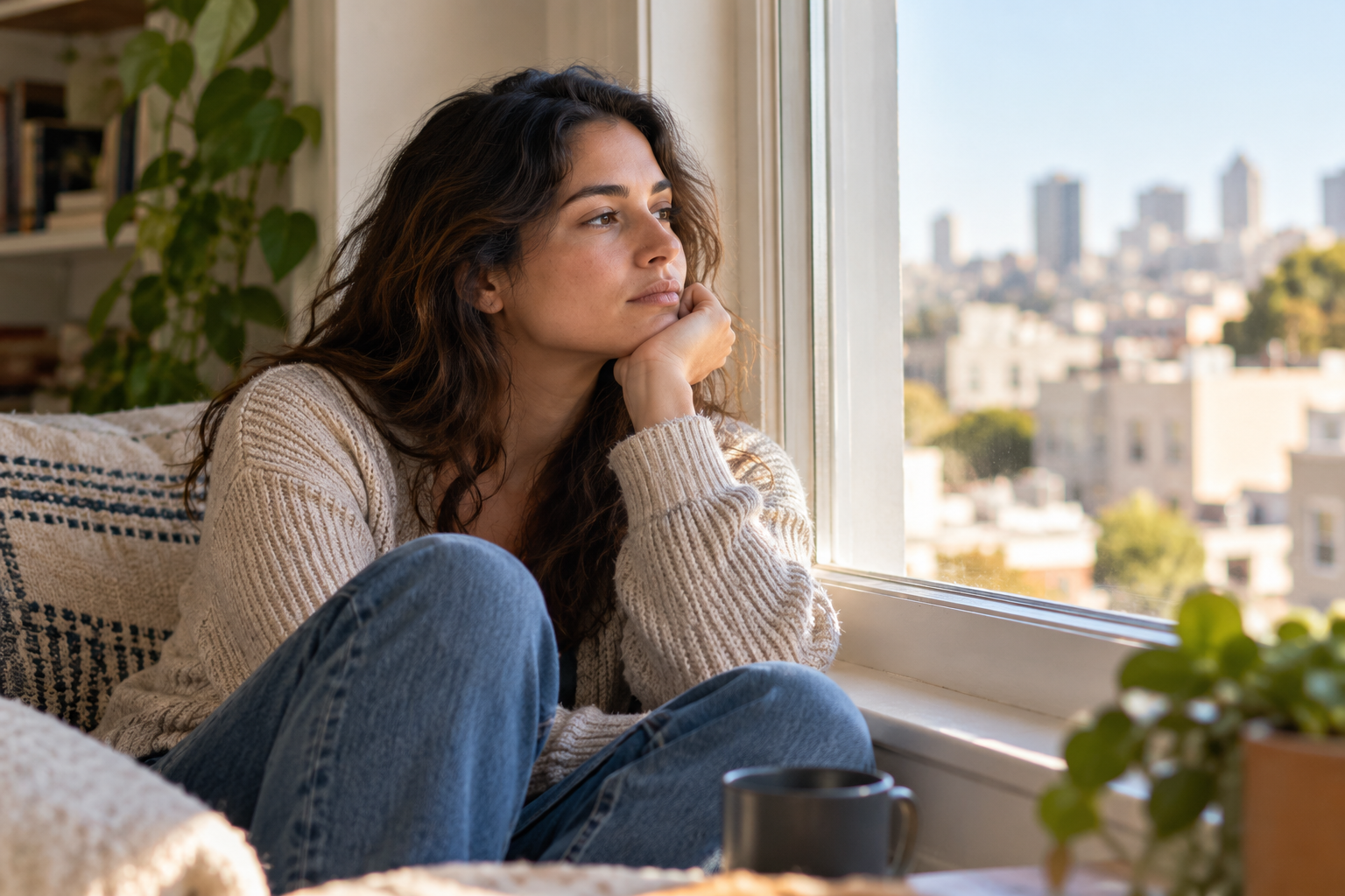 Young adult woman sitting thoughtfully beside a window, reflecting on personal needs, guilt, and the difficulty of setting boundaries.