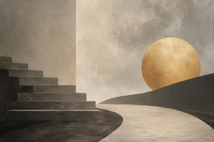 Abstract minimalist landscape with a winding path, dark geometric stairs, and a golden circular shape symbolizing uncertainty, comparison, and emotional pressure experienced by young adults navigating adulthood and identity in therapy.