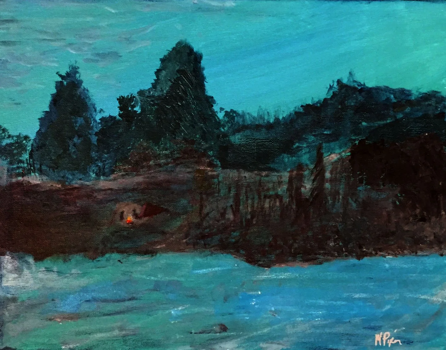 A landscape painting of a river with lush trees on the bank under a partly cloudy sky.