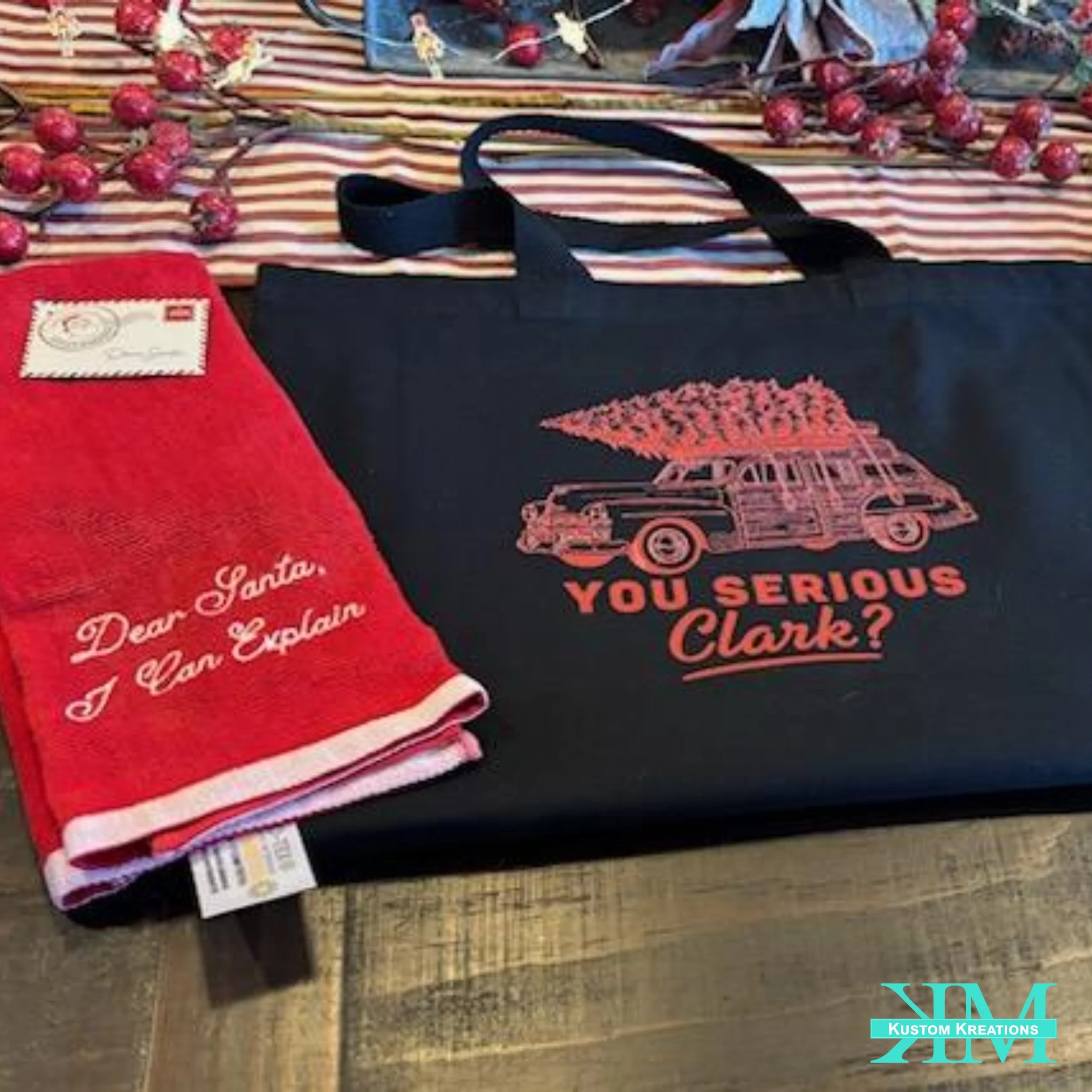 Custom Christmas themed toes and embroidered towels