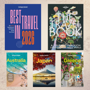 Lonely Planet collage of books and travel guides