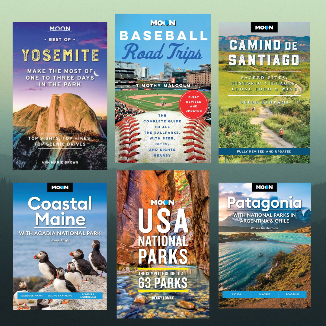 collage of six Moon Travel Guide book covers