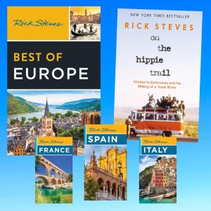Collage of Rick Steves books and travel guides
