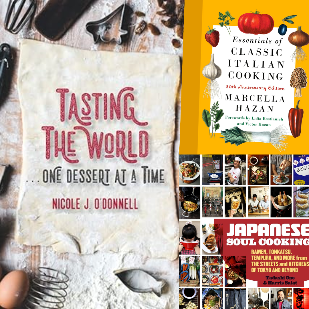collage of travel cookbooks