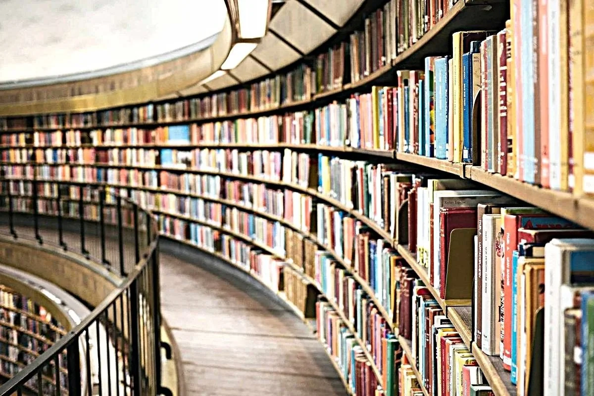 long curving bookshelf