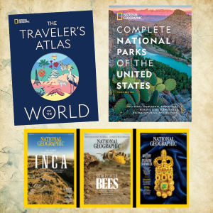 National Geographic collage of books and magazine covers