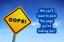 A yellow warning sign with 'OOPS!' written on it, and a blue speech bubble saying 'We can't seem to find the page you're looking for!'