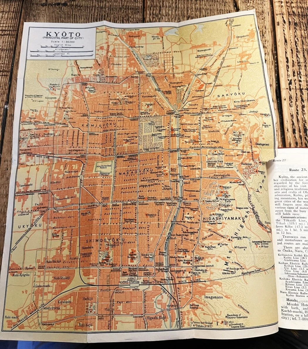 old color map of Kyoto, as a pull out expanded addition to the Japan Official Guide, published in 1954
