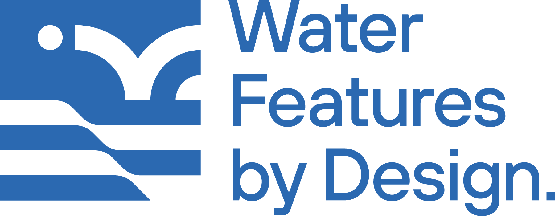 Logo with stylized blue faucet and water flow, and the text 'Water Features by Design' in blue.